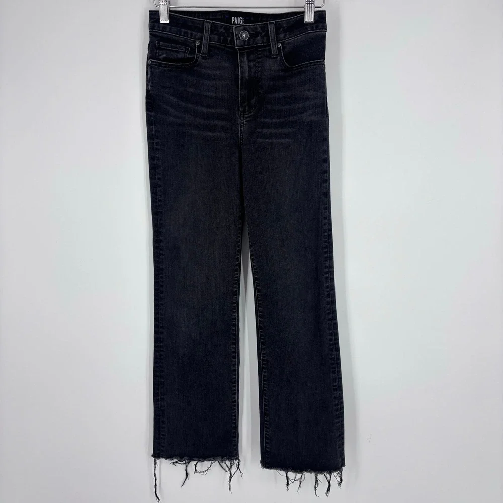 PAIGE Atley Ankle Flare Jeans Womens 26 Black Willow High Rise Raw Hem Frayed